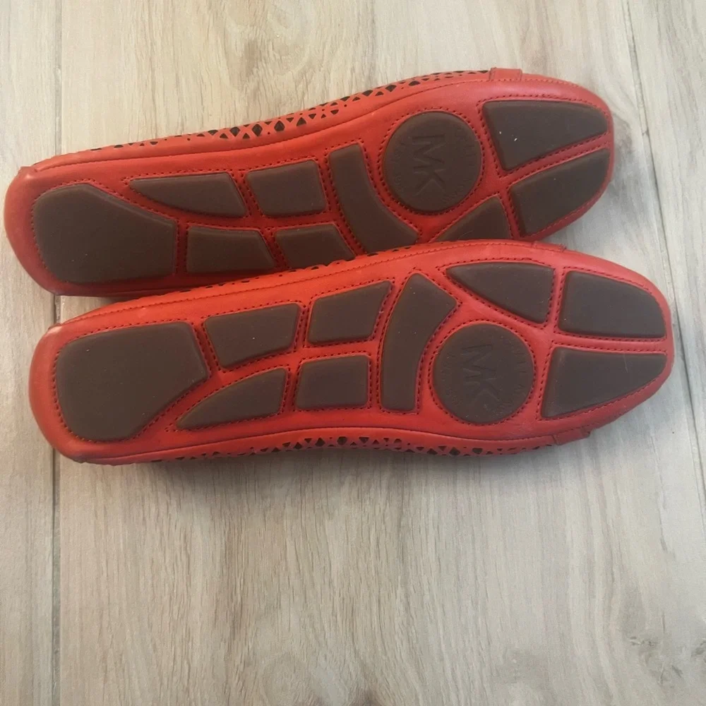 Michael Kors Coral-Red Perforated Leather Ballet Flats with Gold MK Emblem - Picture 3 of 3